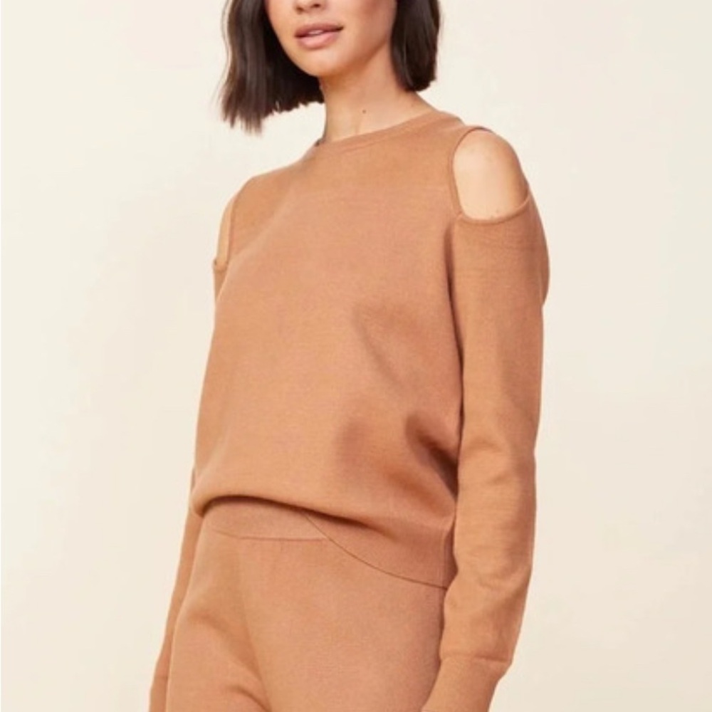 Monrow Tan Cut-Out Shoulder Knit Sweater